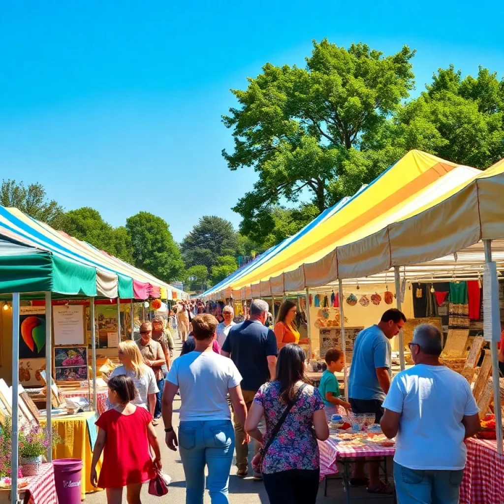 Scene from the Cotton District Arts Festival featuring booths, attendees, and vibrant decorations.