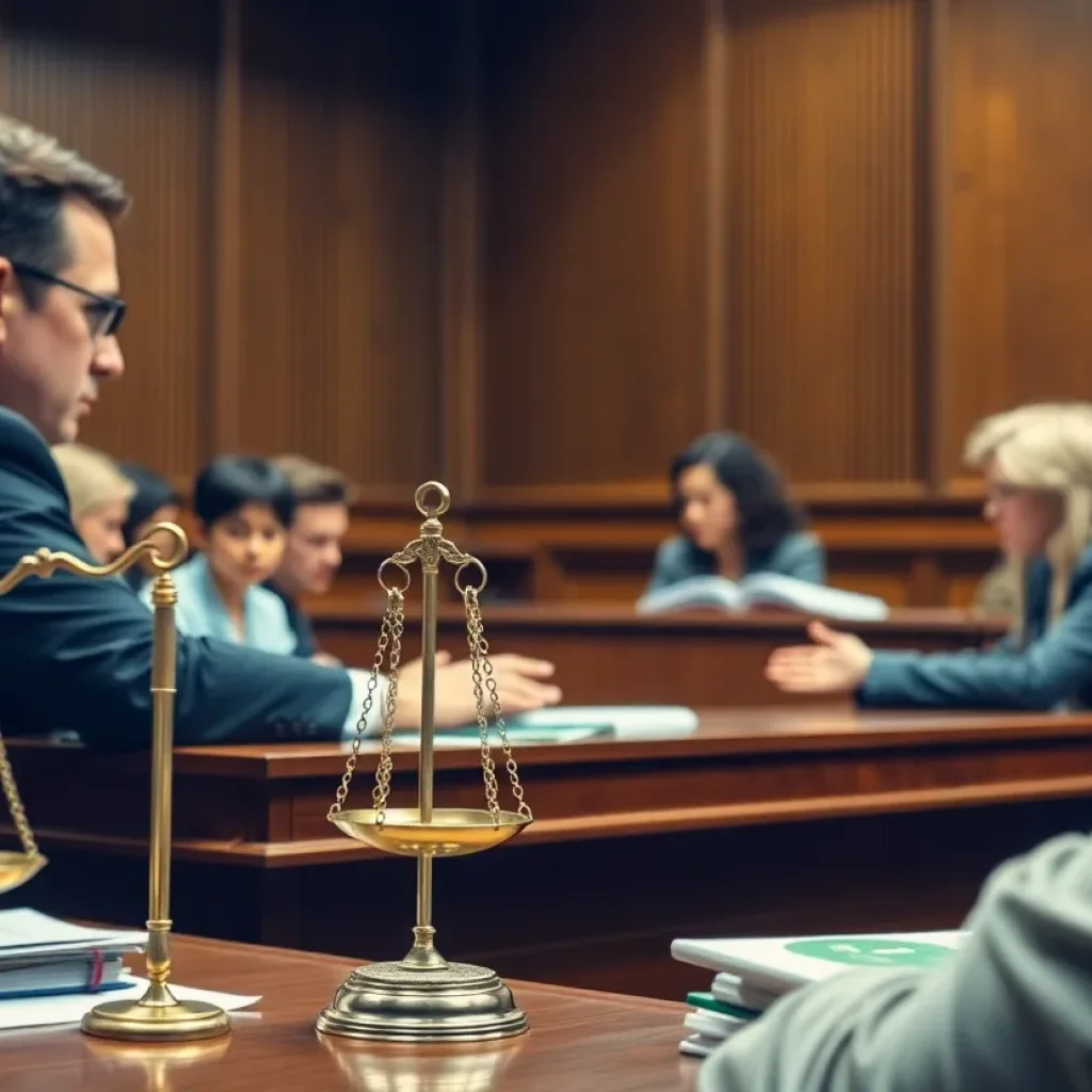 Courtroom scene depicting a bid rigging trial