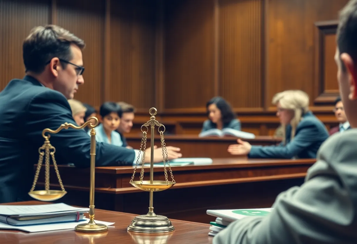 Courtroom scene depicting a bid rigging trial