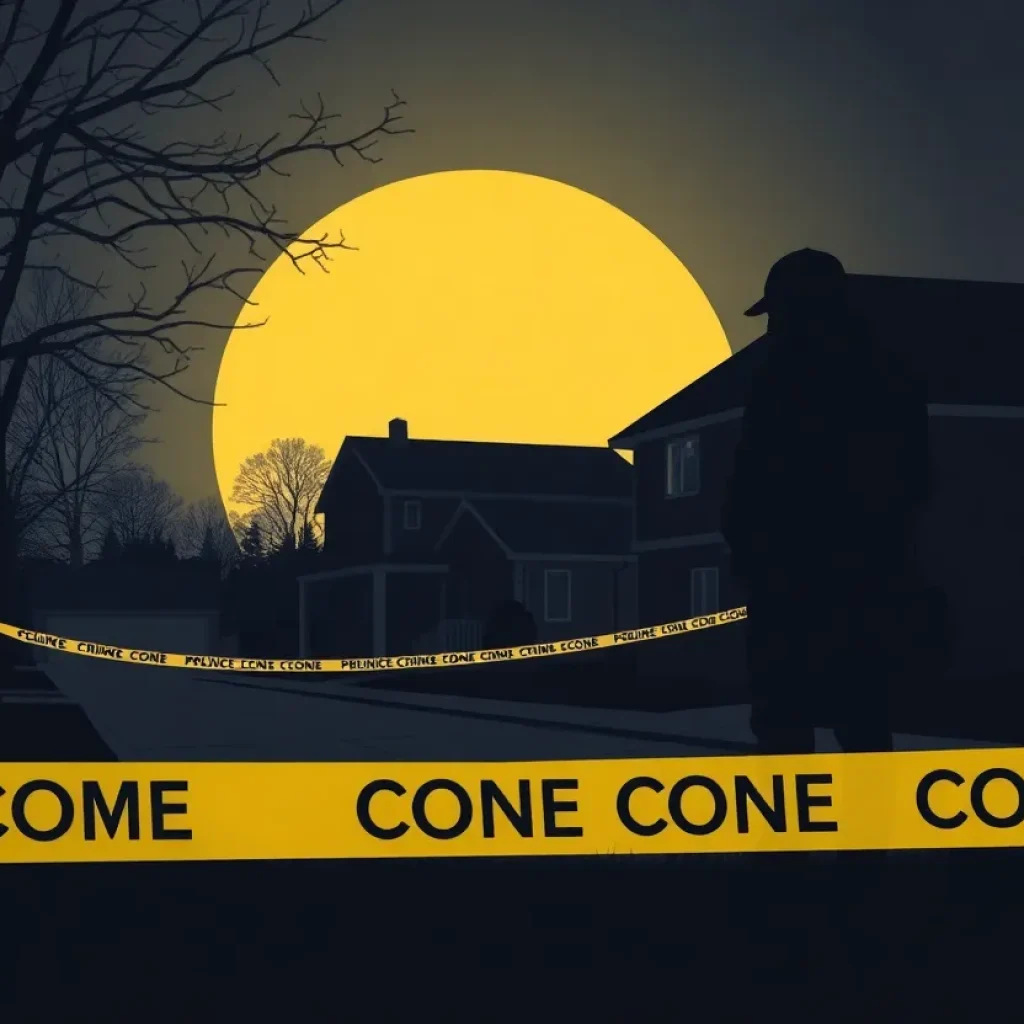 Illustration of a crime scene with police tape in a neighborhood