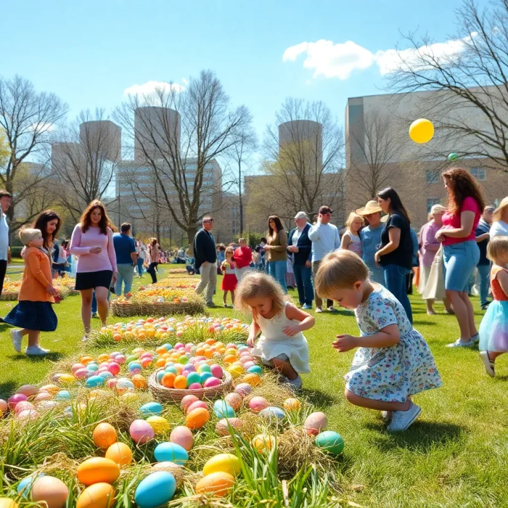 Families enjoying Easter festivities in Columbus MS with egg hunting
