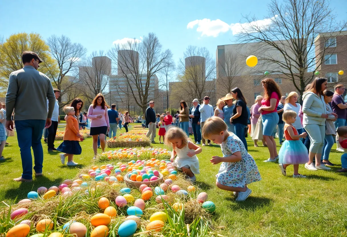 Families enjoying Easter festivities in Columbus MS with egg hunting