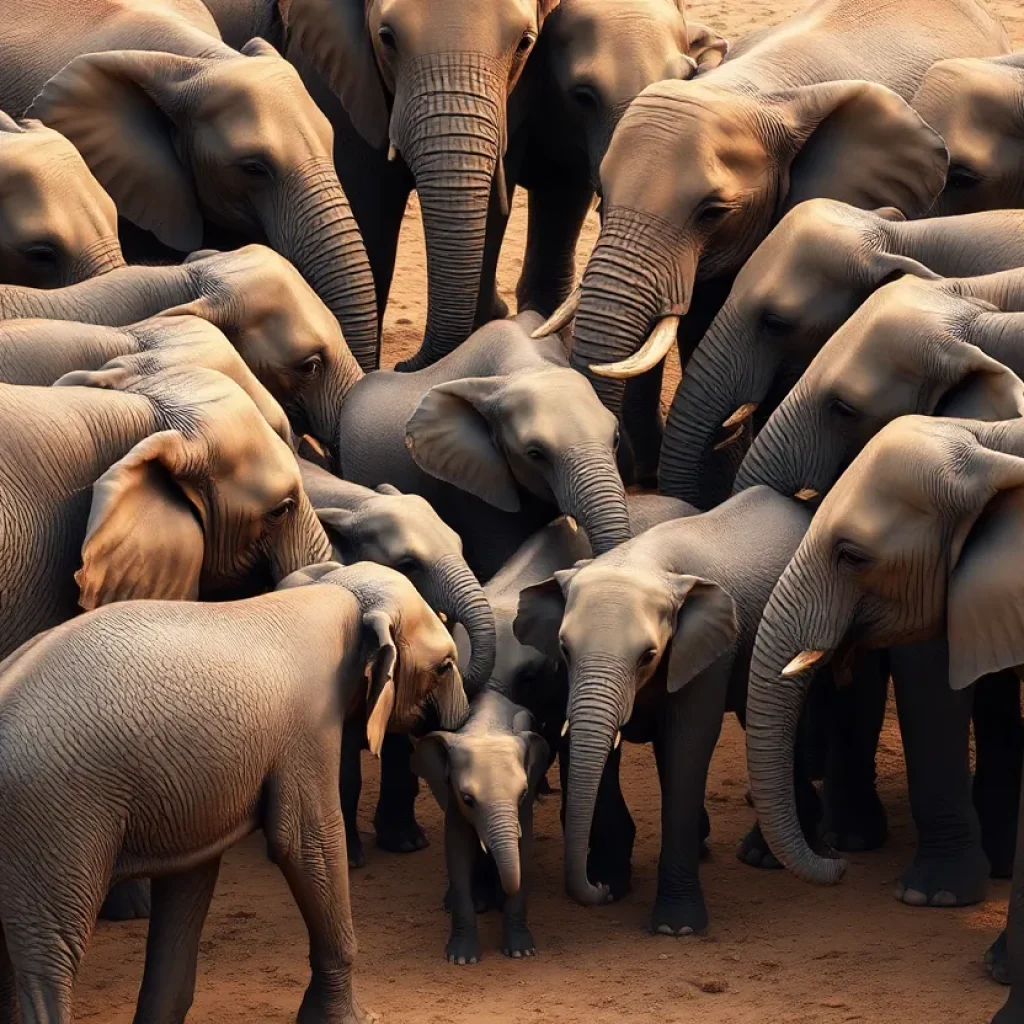 Herd of elephants forming a protective circle around younger elephants during an earthquake.