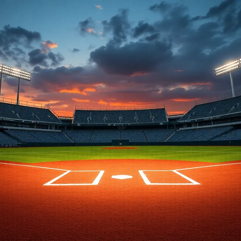 An empty baseball field with bleachers at sunset, symbolizing change.