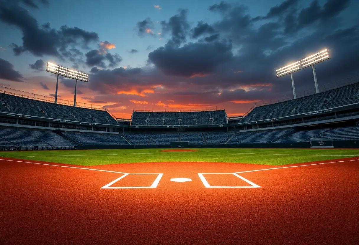 An empty baseball field with bleachers at sunset, symbolizing change.