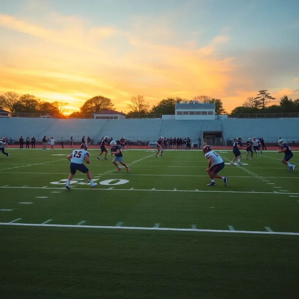 Football players practicing on the field at sunset