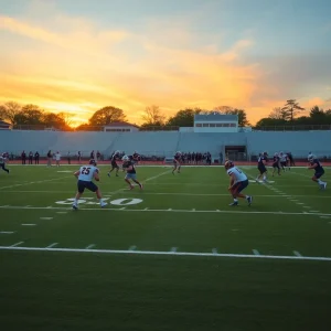 Football players practicing on the field at sunset