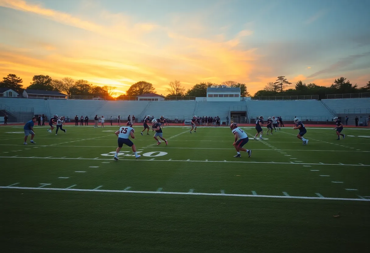 Football players practicing on the field at sunset