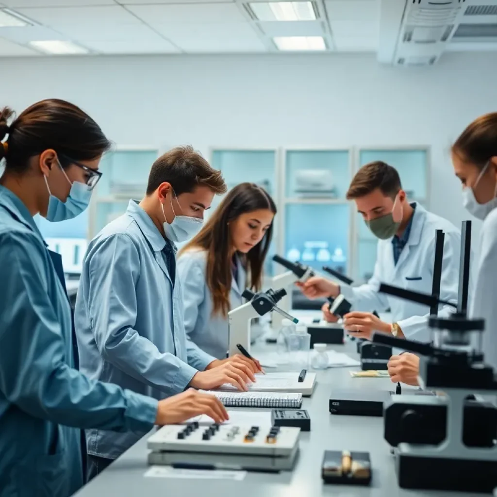 Students and professionals collaborating in a forensic science lab