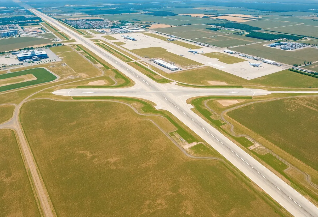 Aerial view of Golden Triangle Regional Airport with land for expansion