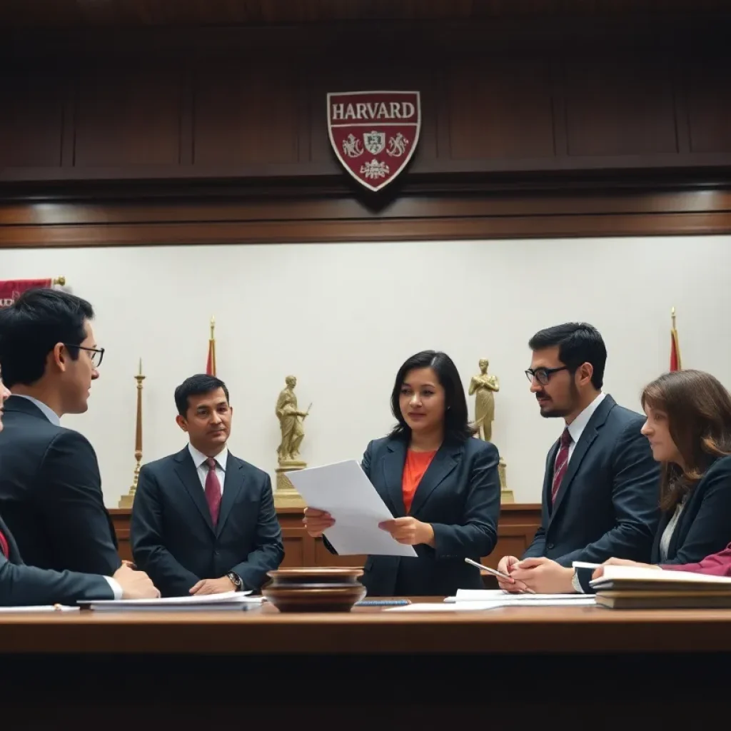 Professors discussing legal action against funding review in Harvard courtroom