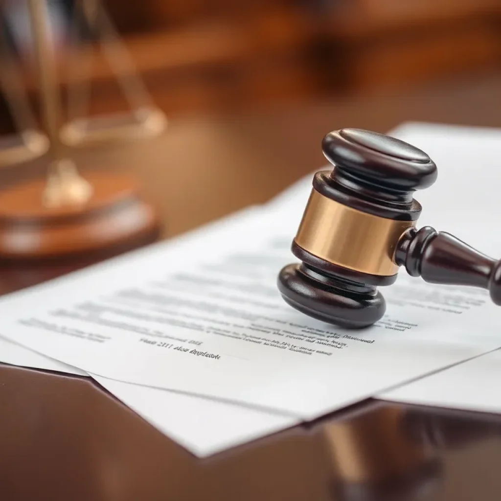 Judge's gavel on legal documents in a courtroom