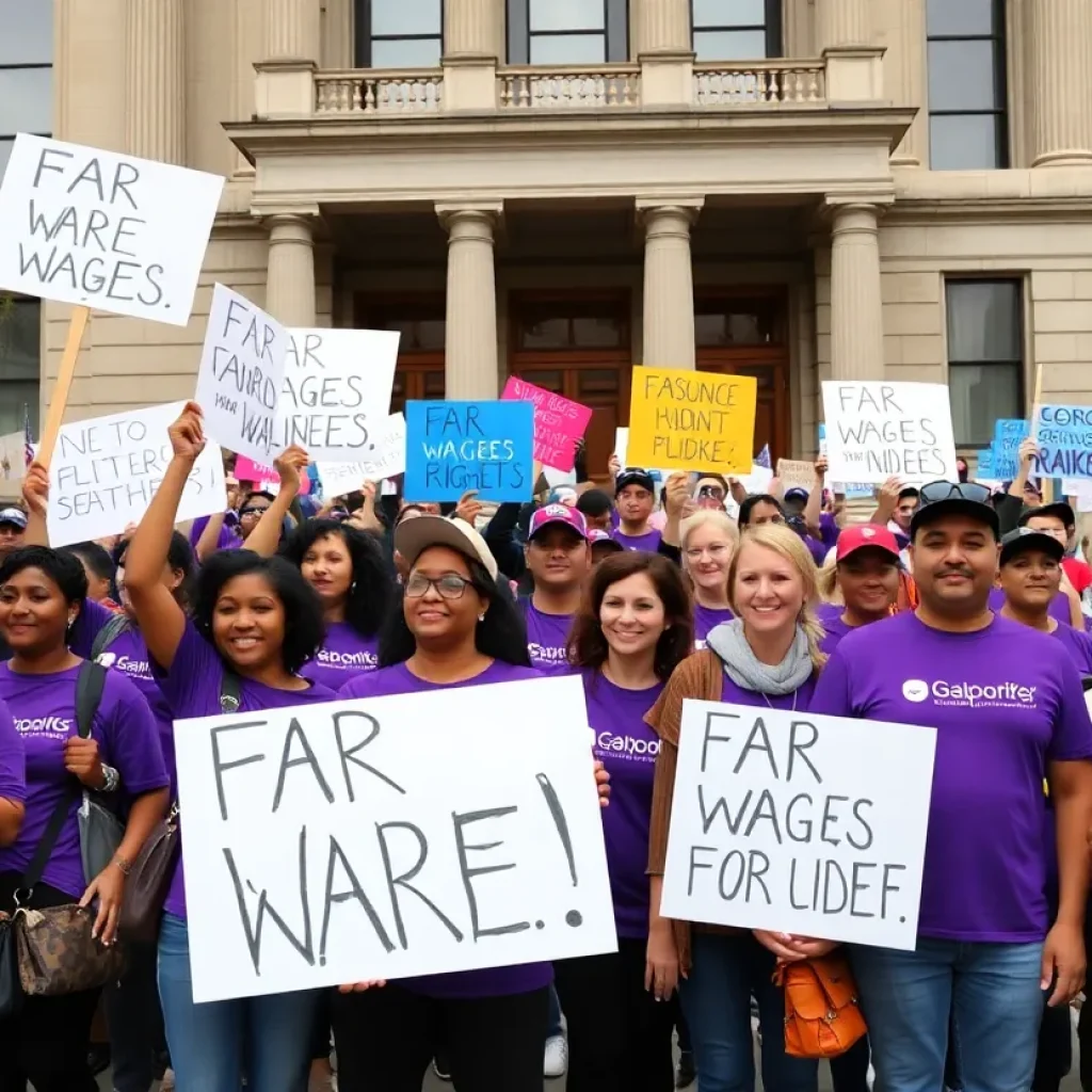 Rally of L.A. County workers in purple shirts demanding fair wages.