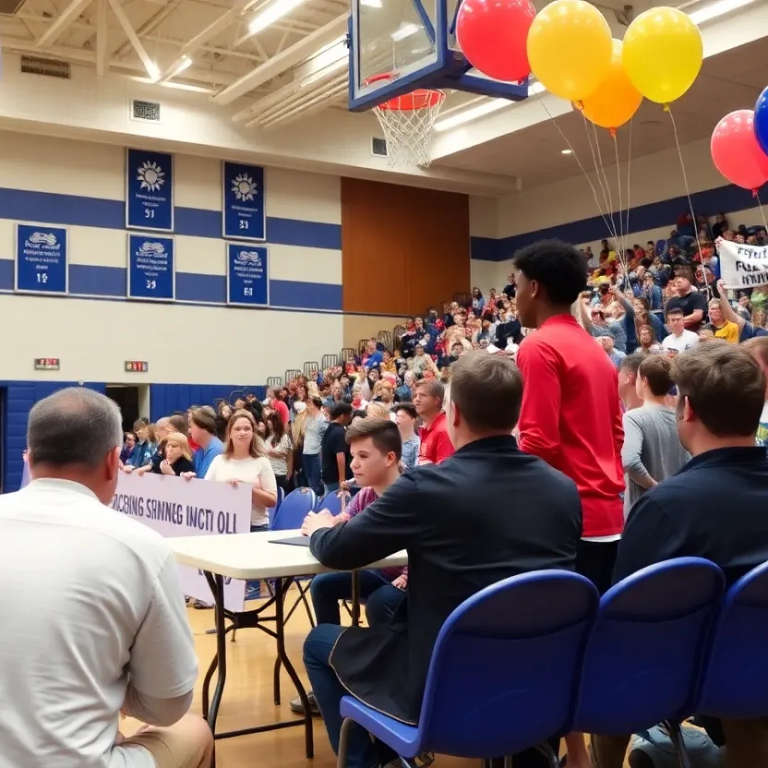 LeBron Johnson signing his letter of intent in a high school gym surrounded by friends and family