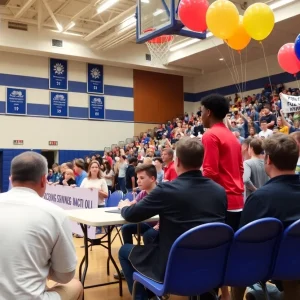 LeBron Johnson signing his letter of intent in a high school gym surrounded by friends and family