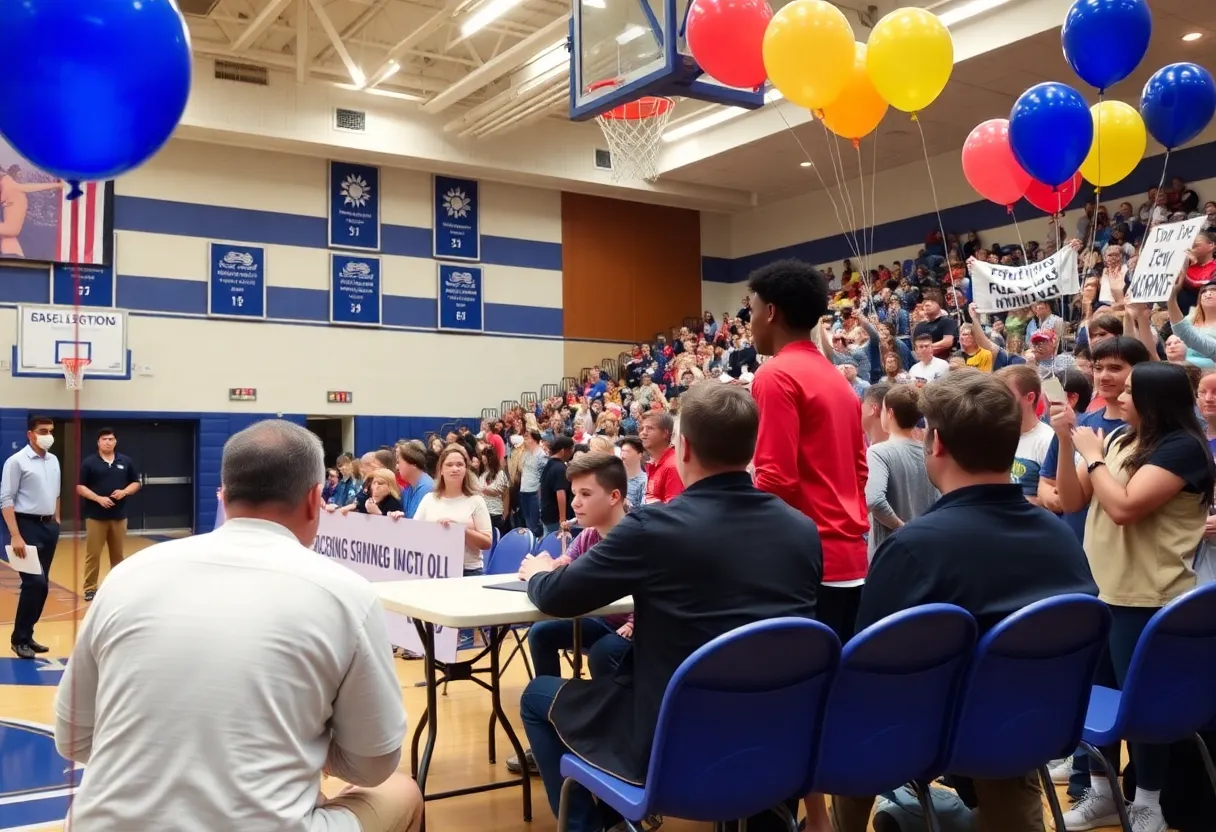 LeBron Johnson signing his letter of intent in a high school gym surrounded by friends and family
