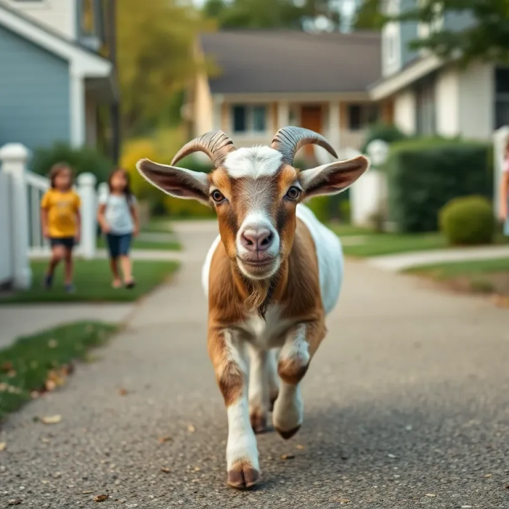 Goat running through a neighborhood in Starkville