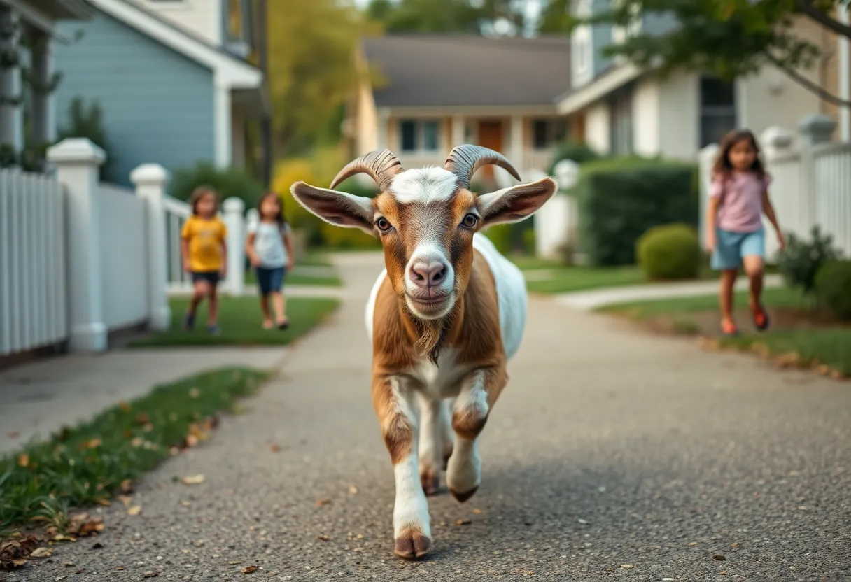 Goat running through a neighborhood in Starkville