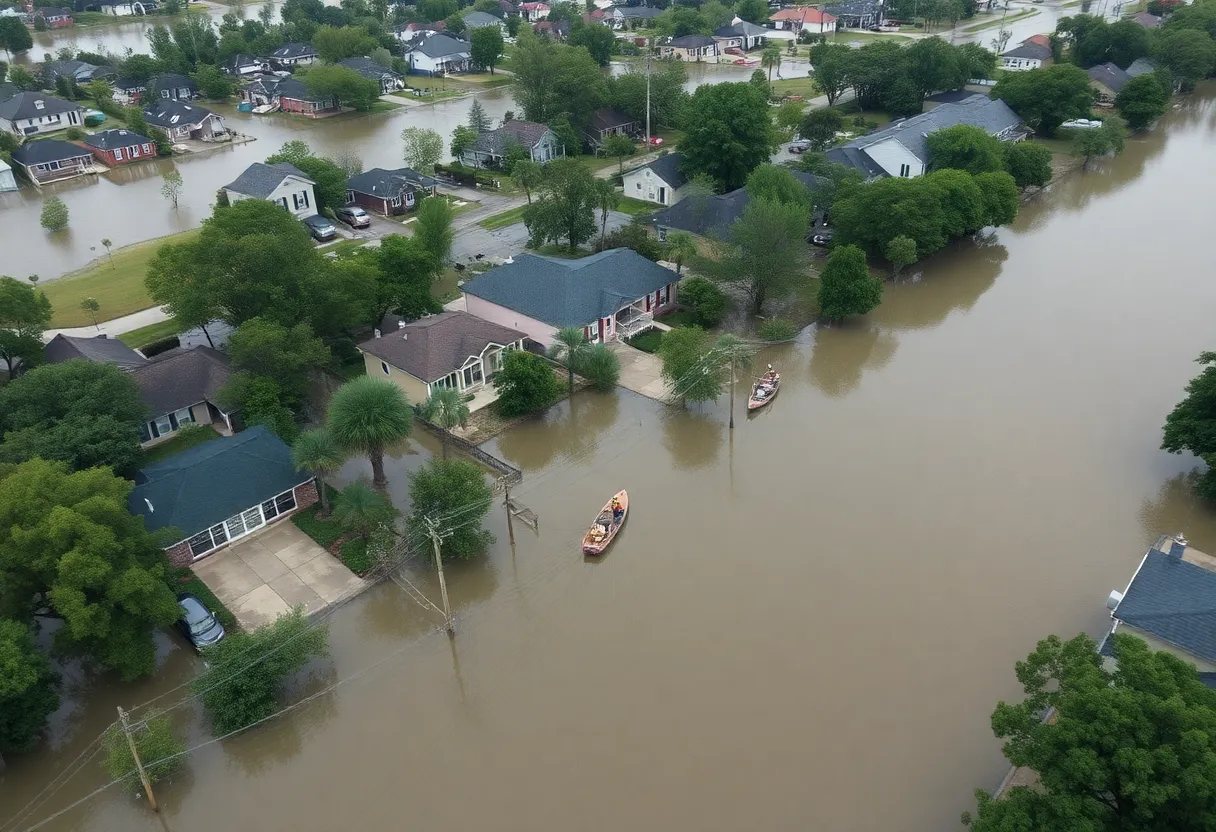 Emergency responders conducting flood rescue operations in Lowndes County, MS
