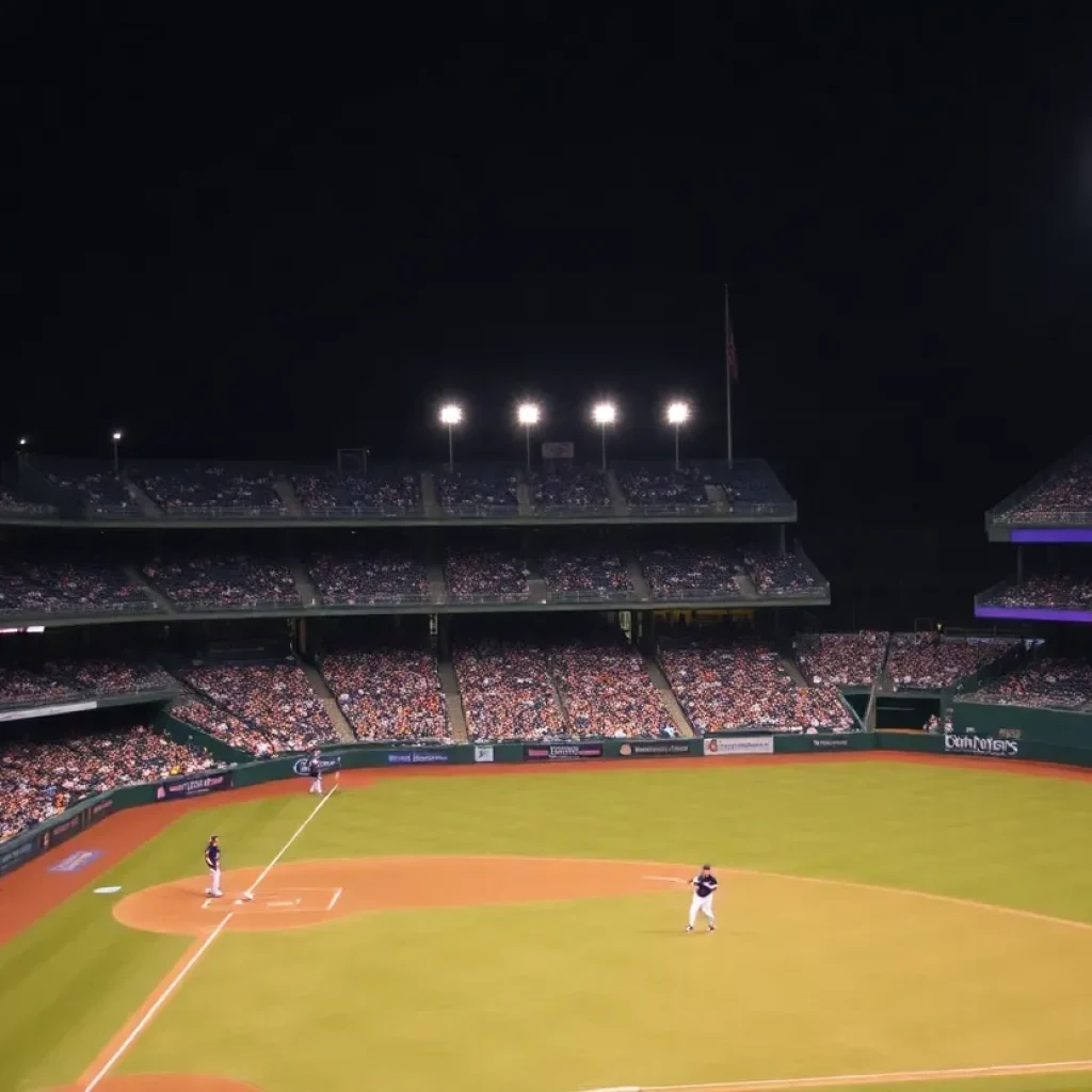 LSU baseball team playing against Mississippi State in a night game