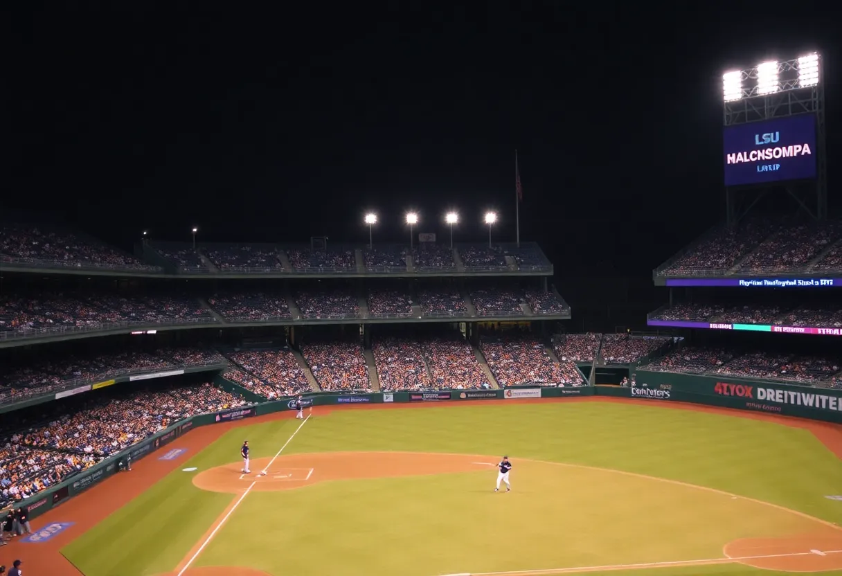 LSU baseball team playing against Mississippi State in a night game