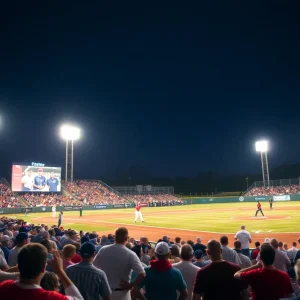 LSU Tigers baseball team celebrating in the stadium