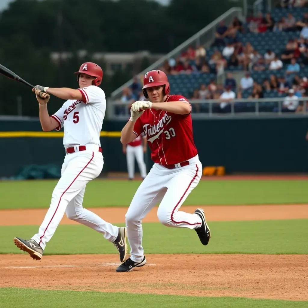 Collegiate baseball players competing in a game between Mississippi State and Alabama.