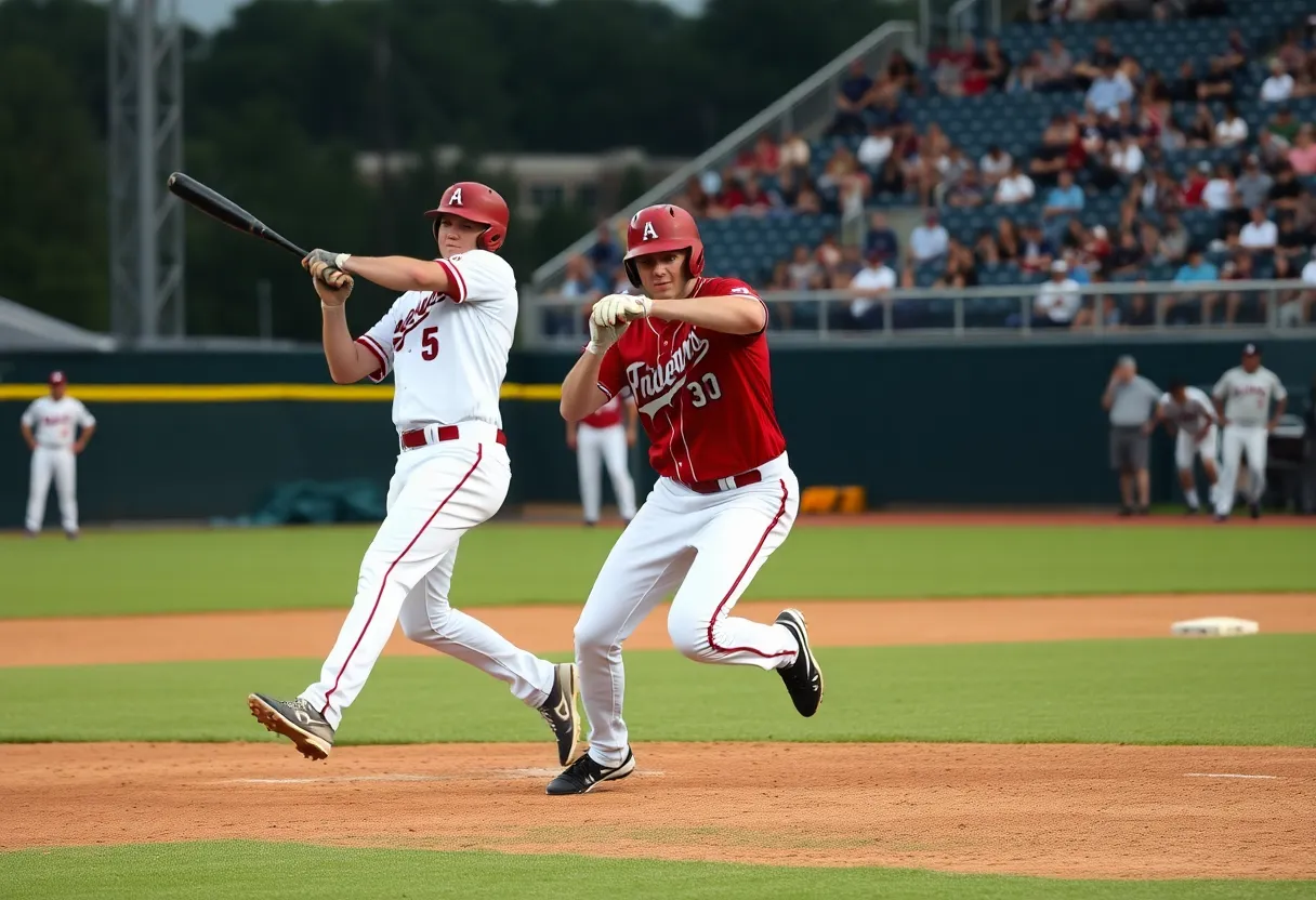 Collegiate baseball players competing in a game between Mississippi State and Alabama.