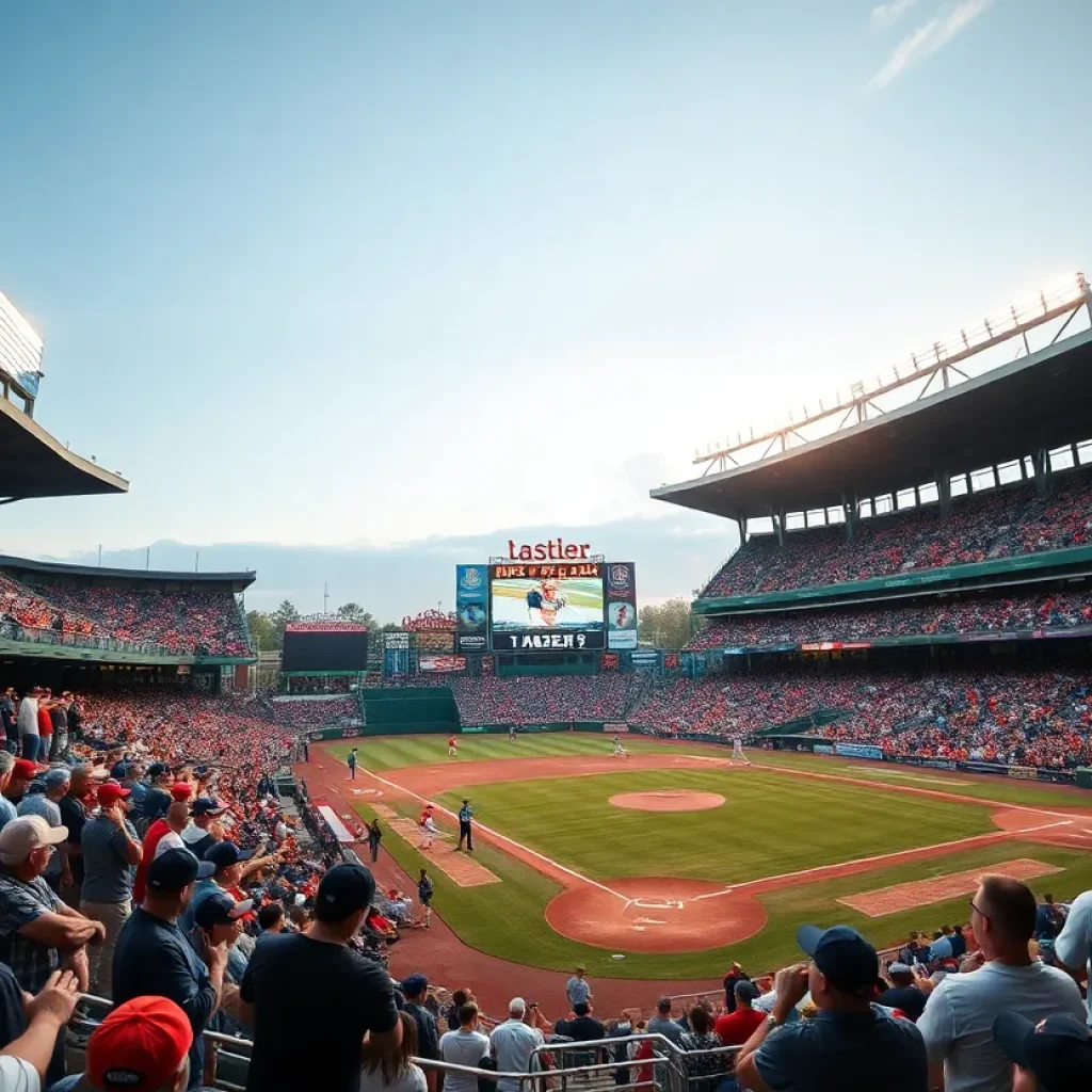 Crowd at Dudy Noble Field celebrating a Mississippi State baseball victory