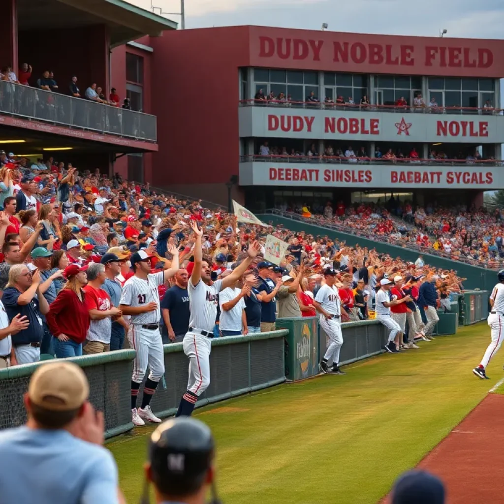 Mississippi State Bulldogs celebrating their victory against Florida Gators at Dudy Noble Field.