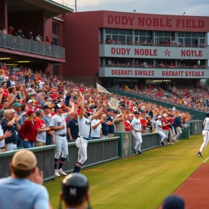 Mississippi State Bulldogs celebrating their victory against Florida Gators at Dudy Noble Field.