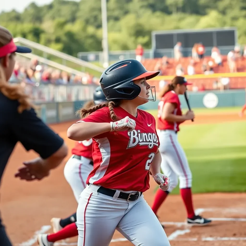 Mississippi State Bulldogs celebrating a victory in a softball game