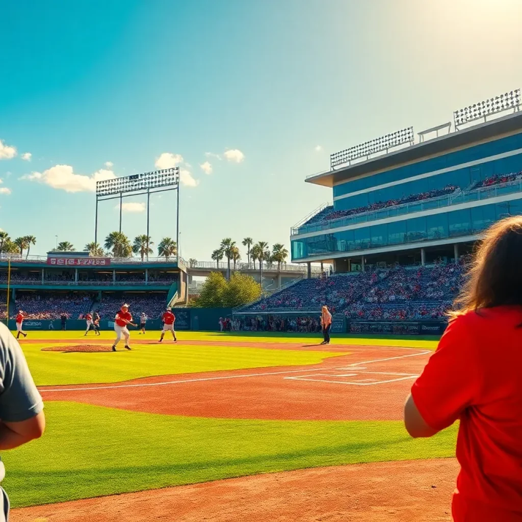 University of Missouri softball game with players actively engaged