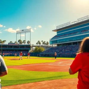 University of Missouri softball game with players actively engaged