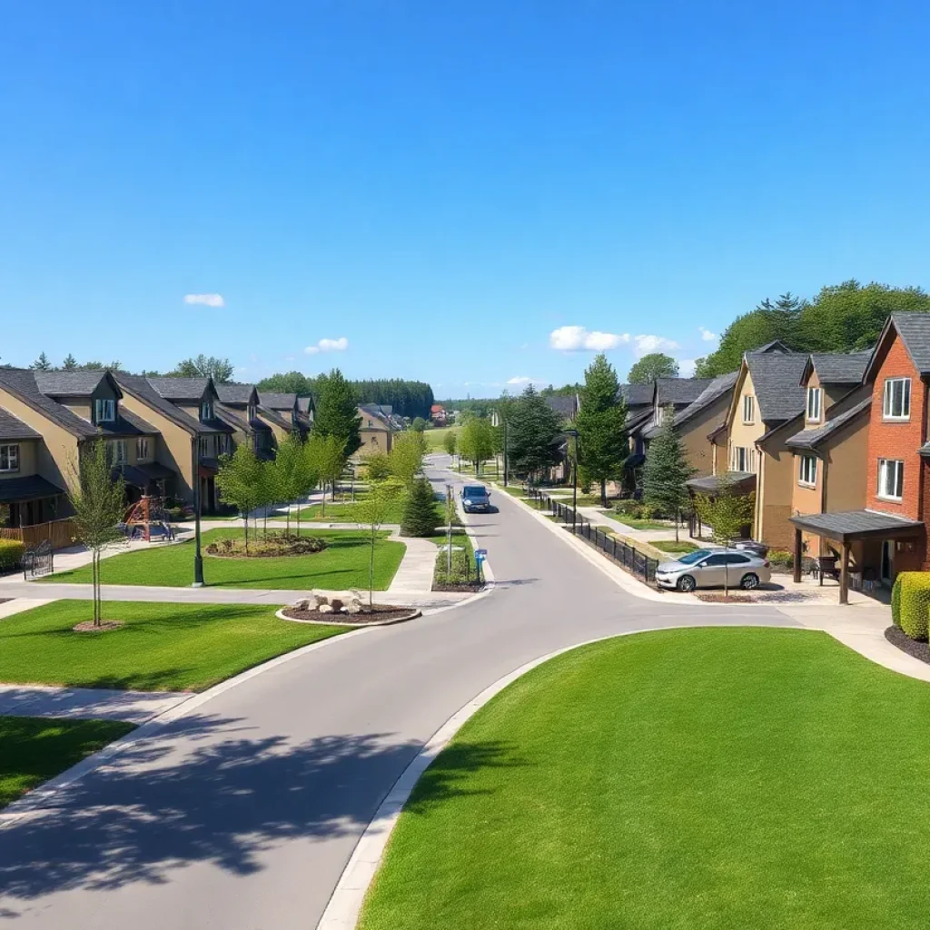 Artist's rendering of a new neighborhood development with homes and recreational areas in Oktibbeha County
