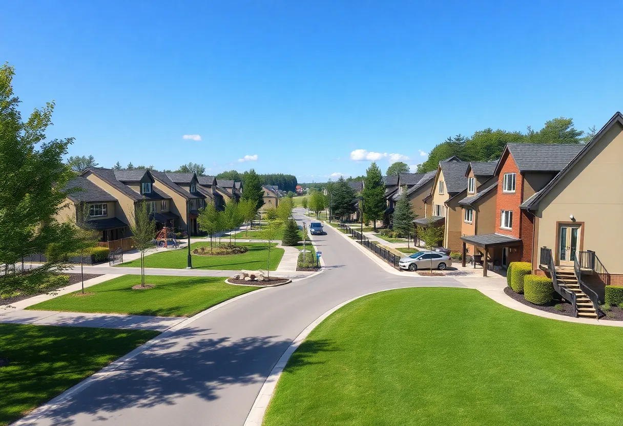 Artist's rendering of a new neighborhood development with homes and recreational areas in Oktibbeha County