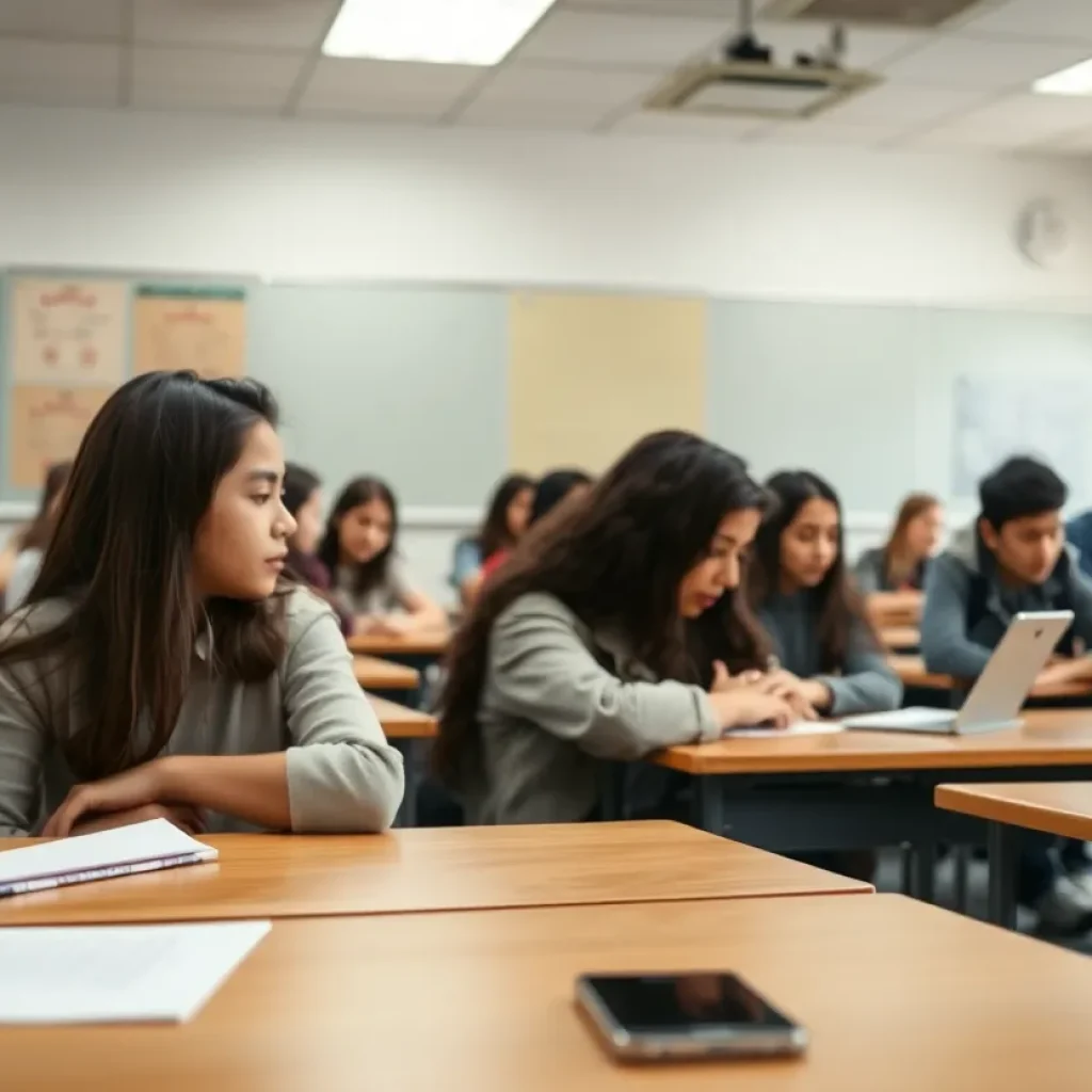 Classroom with students learning and cellphone storage.