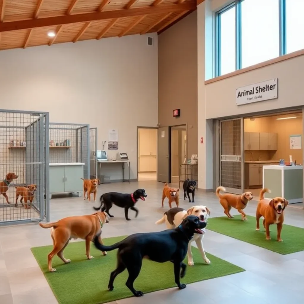 Modern animal shelter in Starkville, Mississippi featuring kennels and outdoor area.