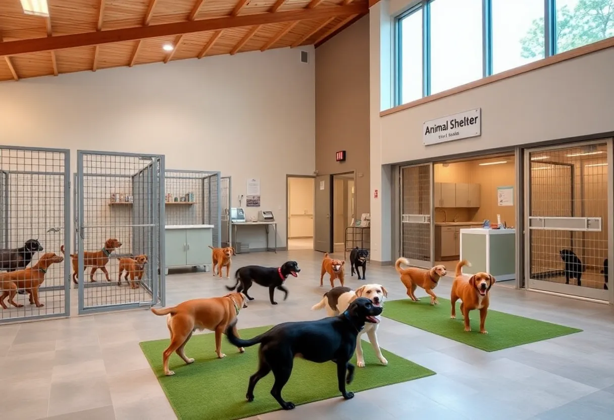 Modern animal shelter in Starkville, Mississippi featuring kennels and outdoor area.