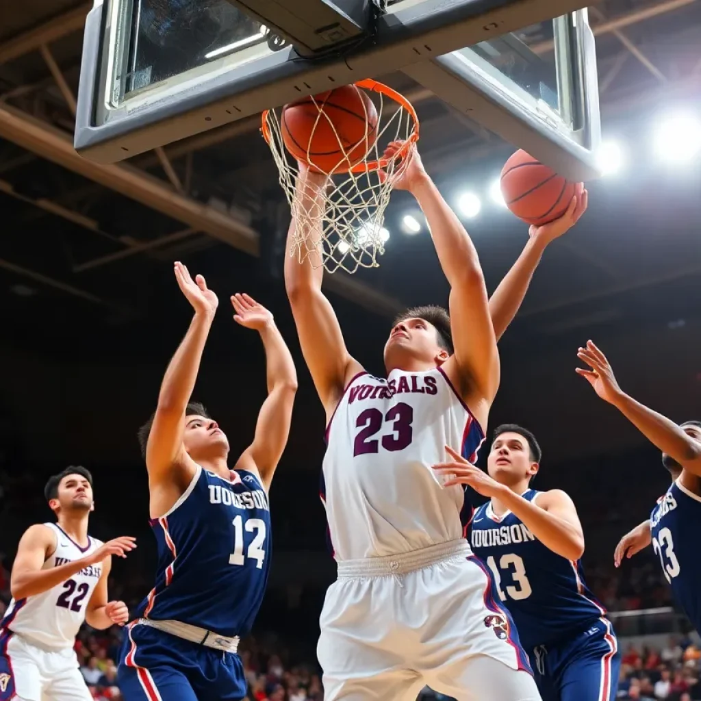Exciting college basketball action featuring teamwork and competitive spirit.
