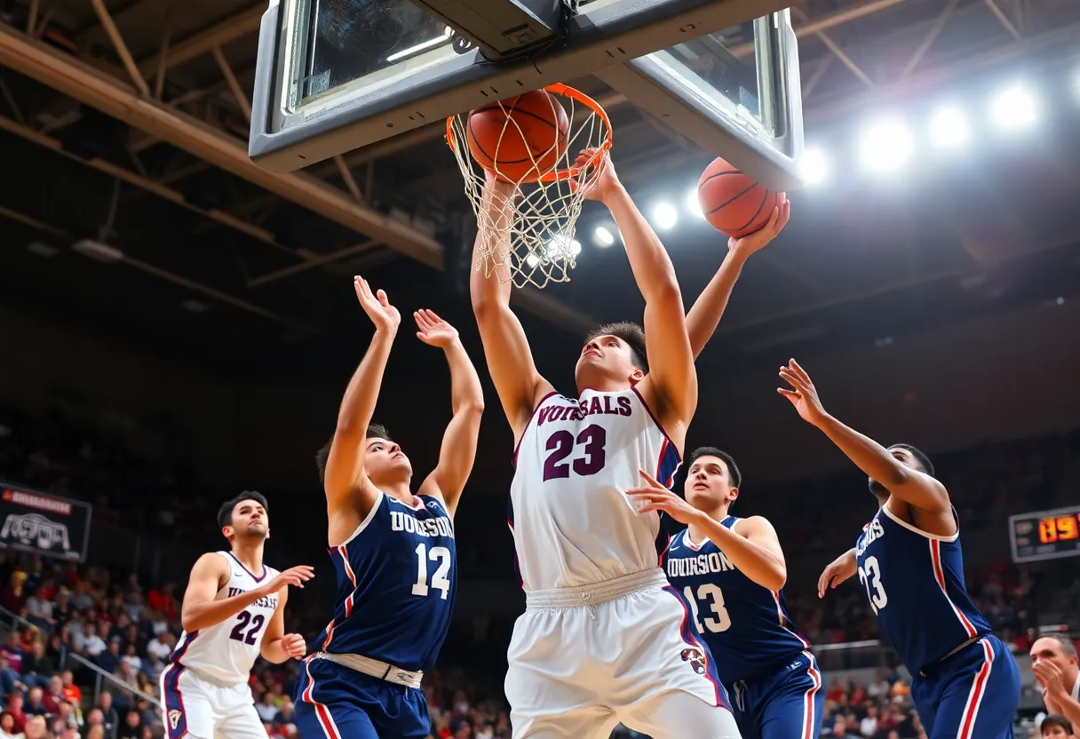 Exciting college basketball action featuring teamwork and competitive spirit.
