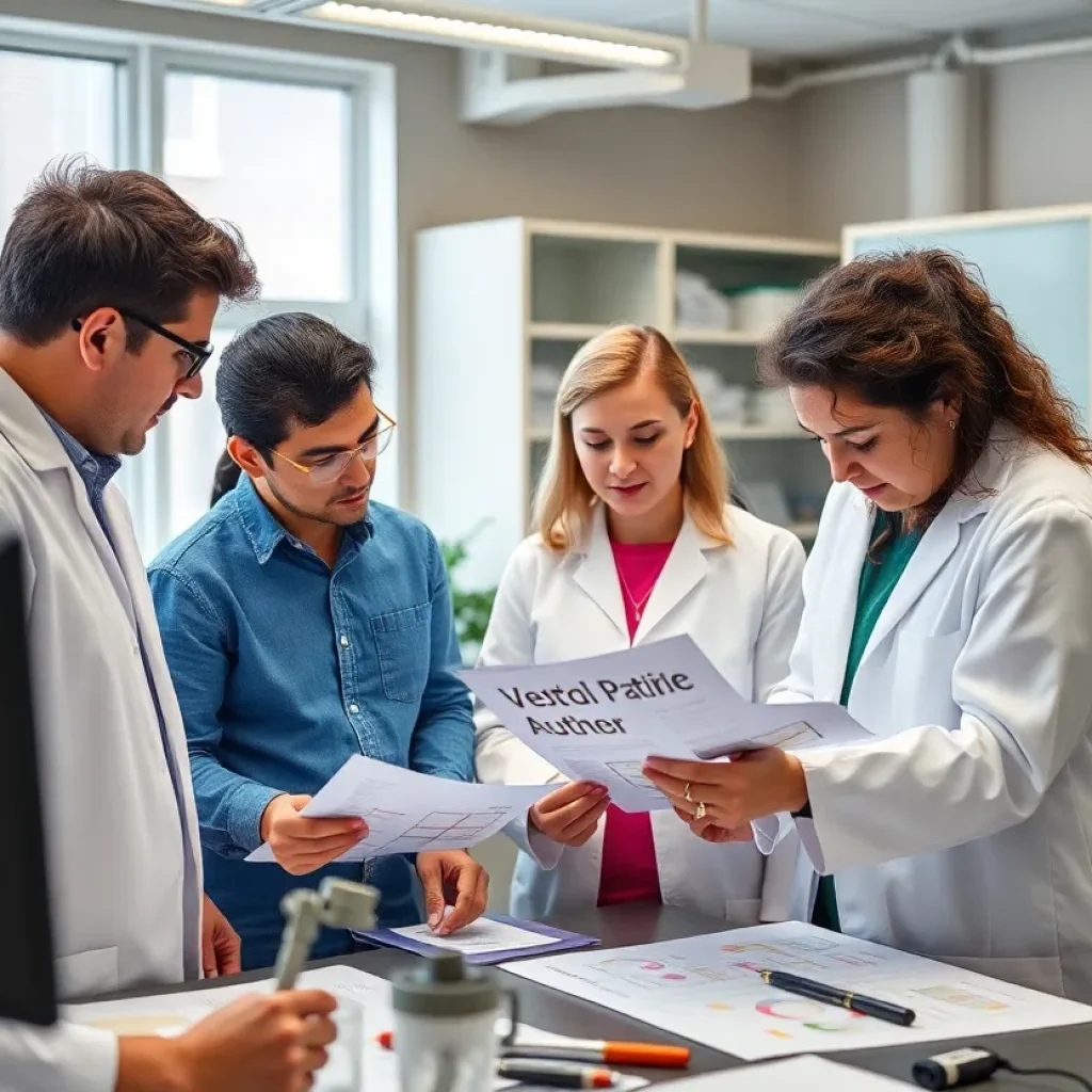 Scientists collaborating on autism research in a lab setting