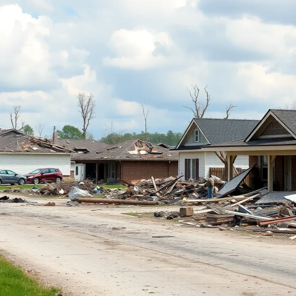 Destruction caused by a severe tornado in a neighborhood