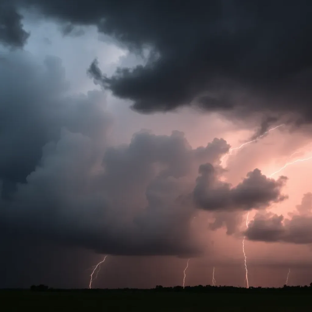 Dramatic storm clouds with flashes of lightning over Northeast Mississippi