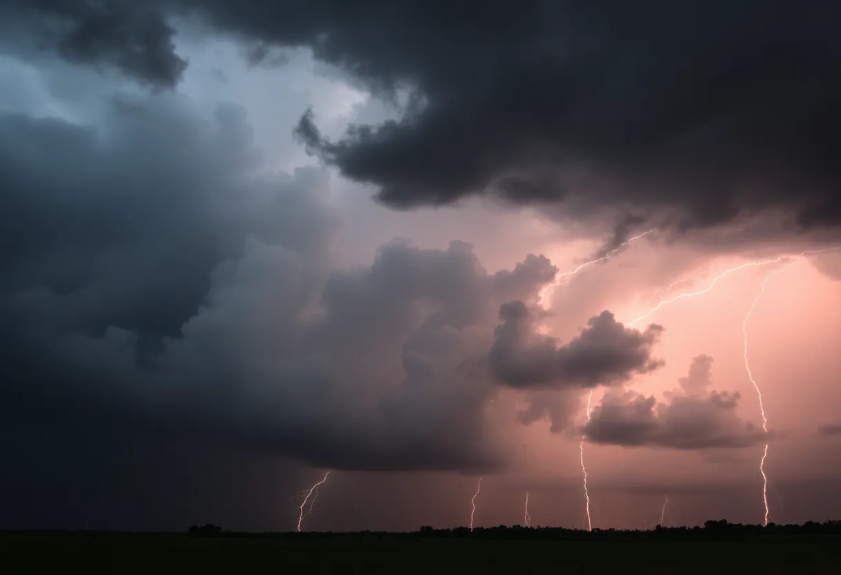 Dramatic storm clouds with flashes of lightning over Northeast Mississippi