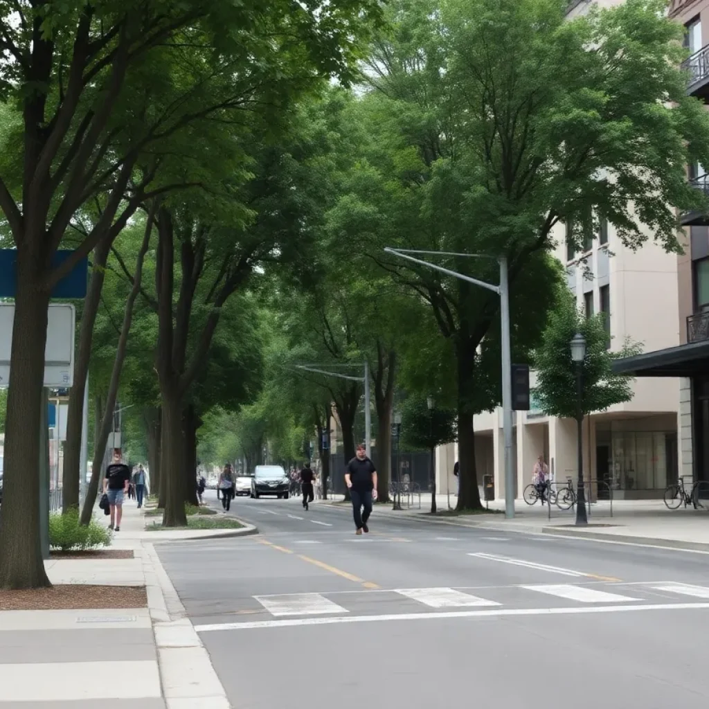 Pedestrians on well-maintained sidewalks in a city.