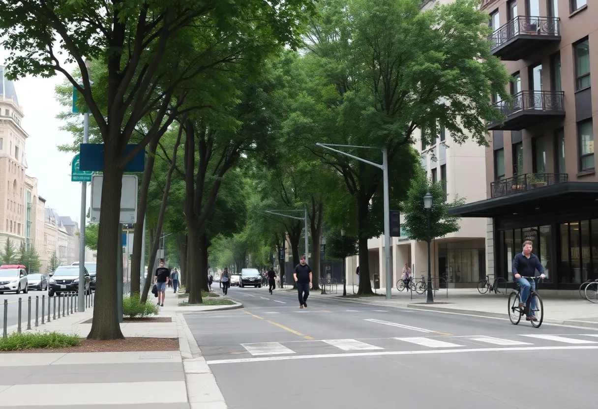 Pedestrians on well-maintained sidewalks in a city.