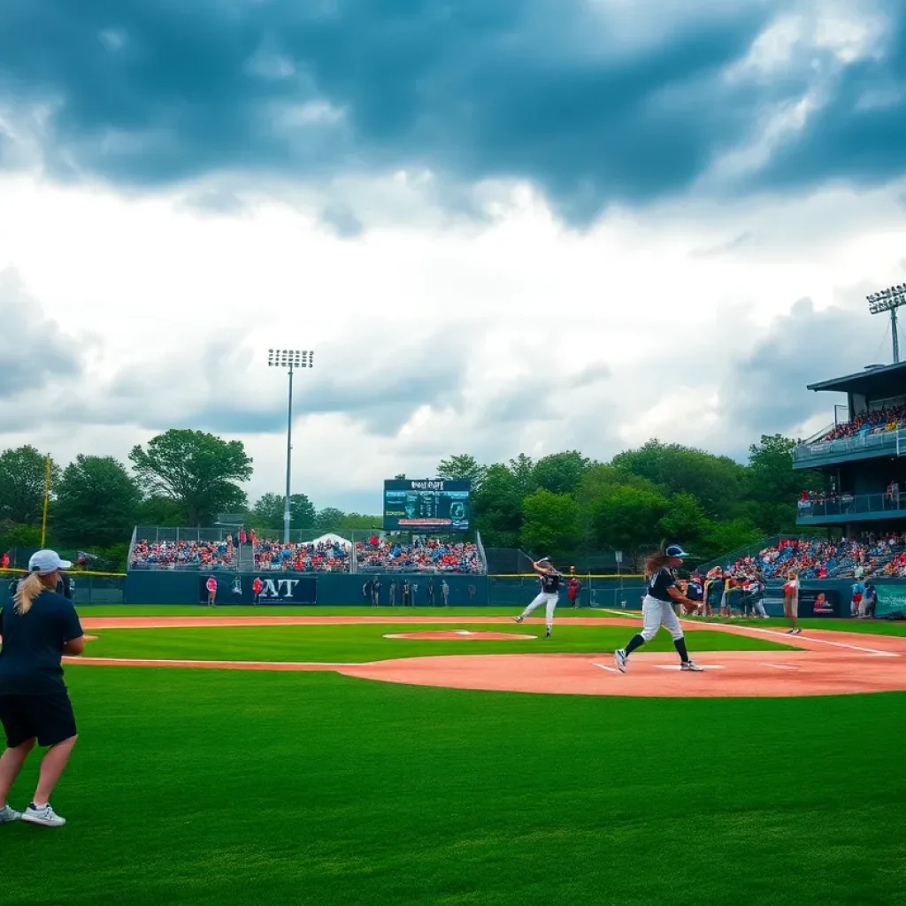 College softball game in Starkville with cloudy skies