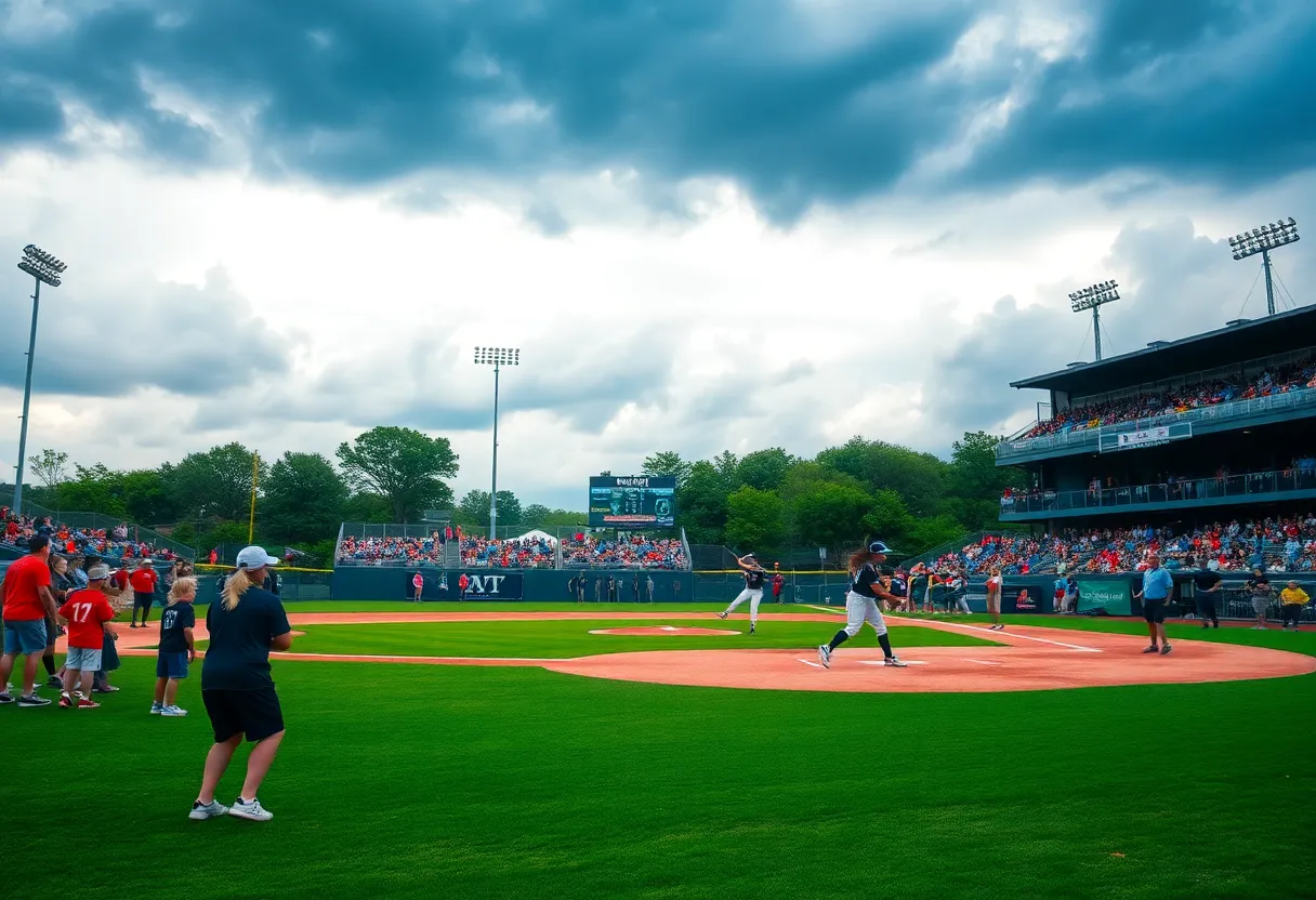 College softball game in Starkville with cloudy skies