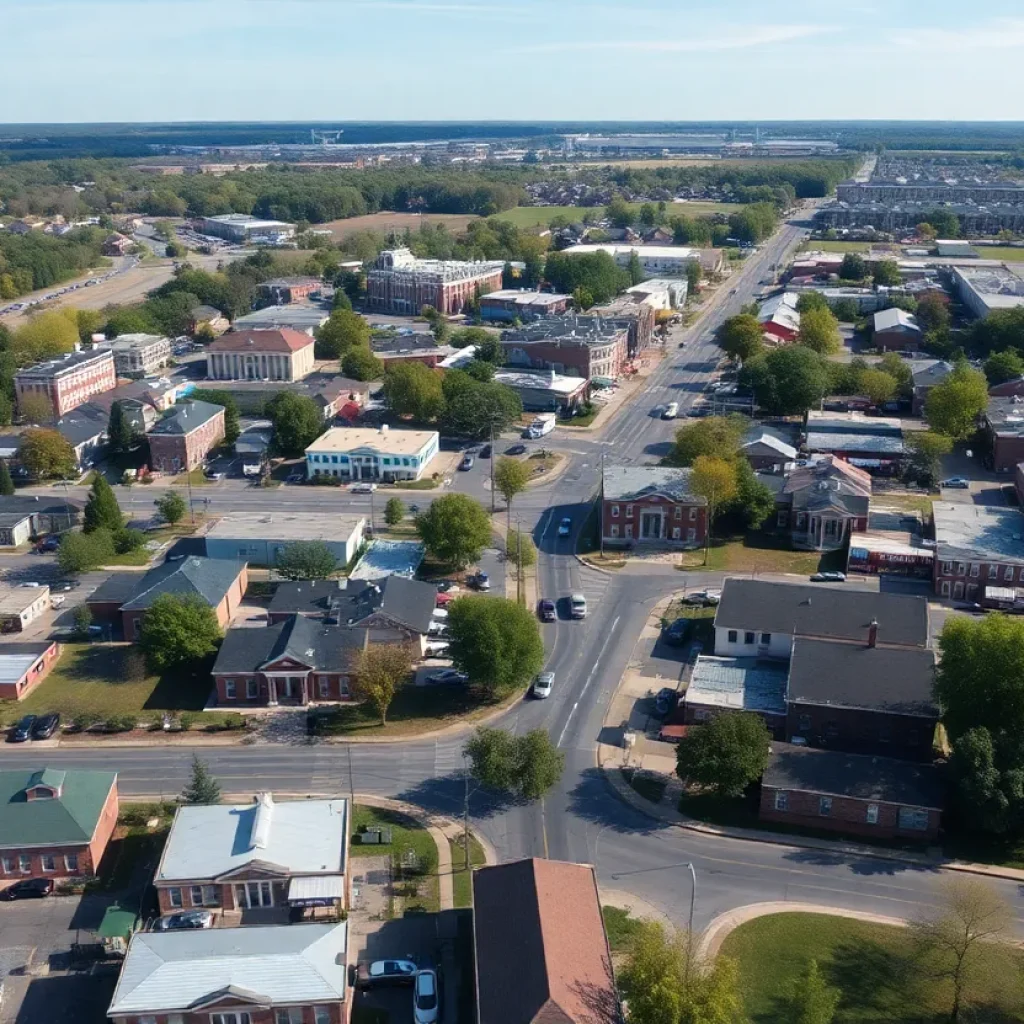 Aerial view of Starkville town showcasing neighborhoods during election season.